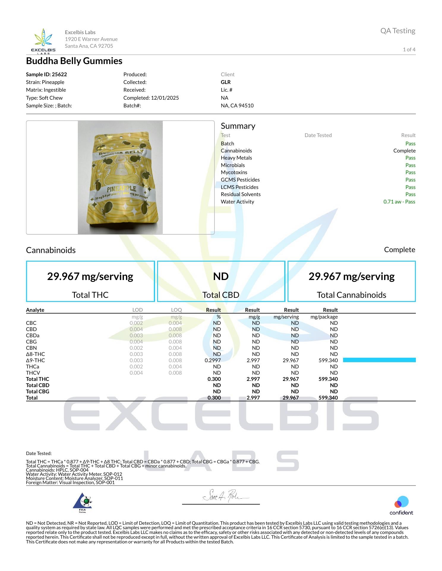 Certificate of Analysis - Buddha Belly Gummy - Pineapple - Excelbis Labs