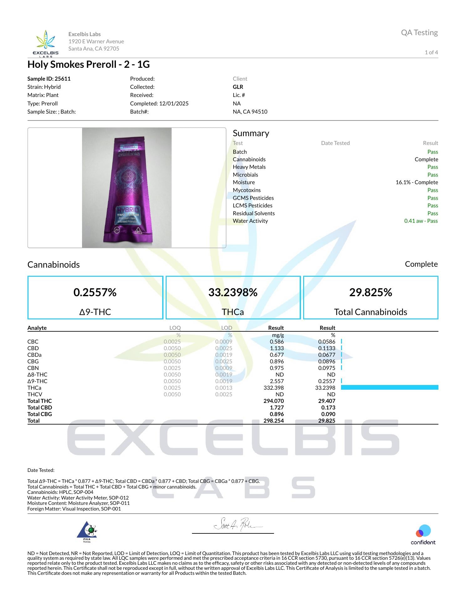 Certificate of Analysis - Holy Smokes Hybrid (Pre-roll) - Excelbis Labs