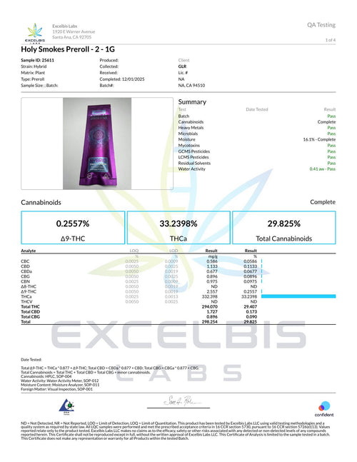 Certificate of Analysis - Holy Smokes Hybrid (Pre-roll) - Excelbis Labs