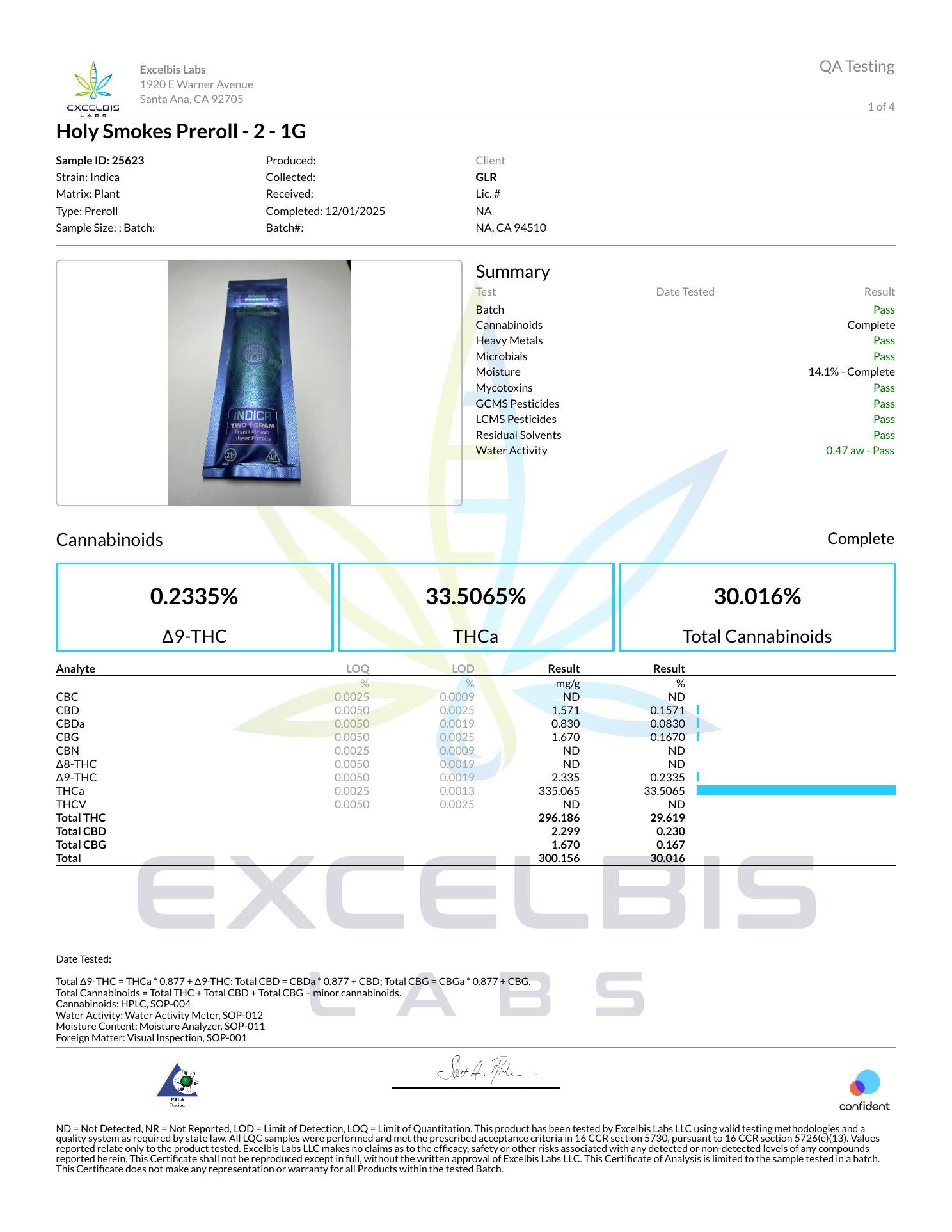 Certificate of Analysis - Holy Smokes Indica (Pre-roll) - Excelbis Labs