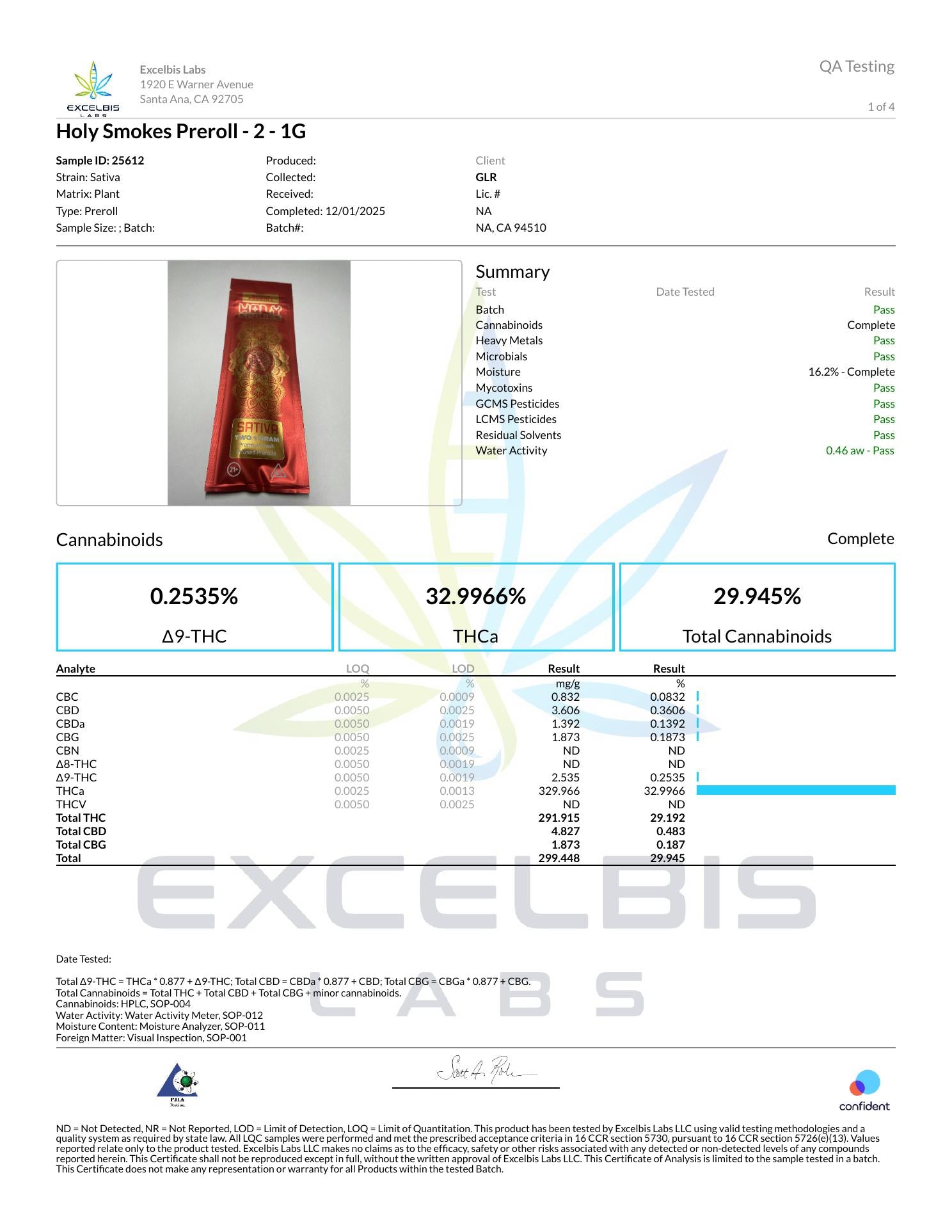 Certificate of Analysis - Holy Smokes Sativa (Pre-roll) - Excelbis Labs
